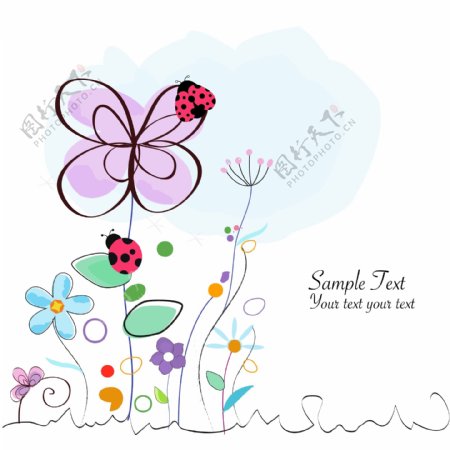 手绘花朵和昆虫插画