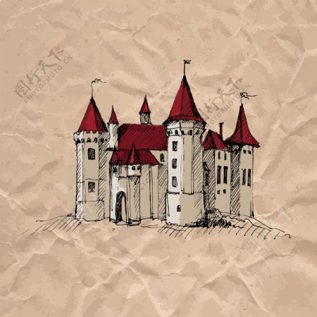 复古手绘城堡建筑插画