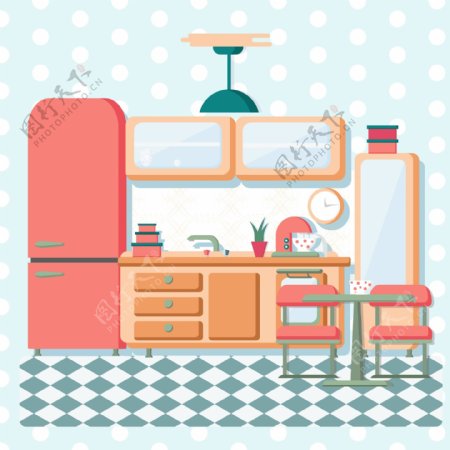 温馨时尚的家居厨房插画