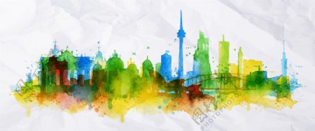 彩色水彩绘城市建筑