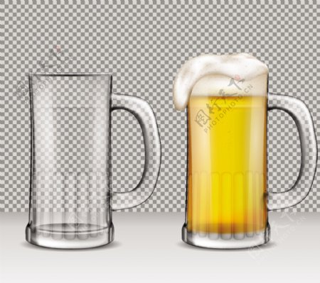 两个透明玻璃杯子的矢量逼真插图一个装满泡沫的啤酒另一个是空的