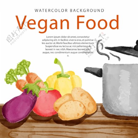 水彩绘厨房里的蔬菜和锅矢量素材