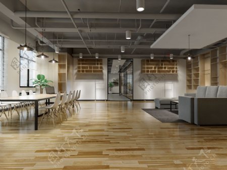工业风格办公室木地板工装装修效果图