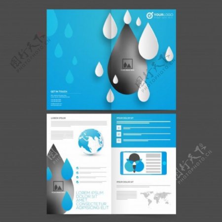 四页用白色和天蓝色滴业务手册与图像的信息图表元素和空间创意企业模板设计