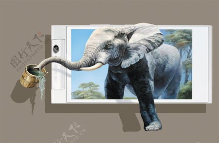 3D立体丛林大象出墙喝水图背景墙壁画