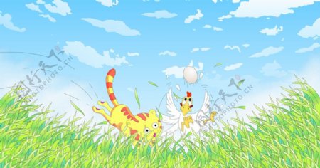 场景夏季草地小猫小鸡蓝天