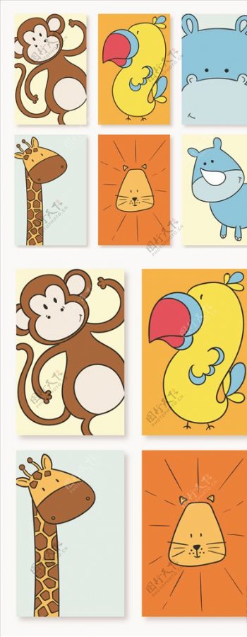 彩绘线描可爱动物卡片矢量素材