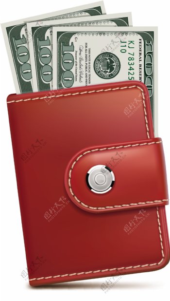 红色牛皮钱包里的钞票矢量素材