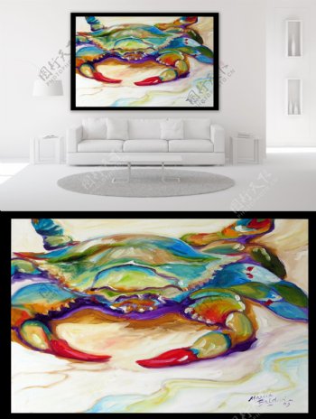 五彩的螃蟹艺术彩绘油画沙发无框装饰画