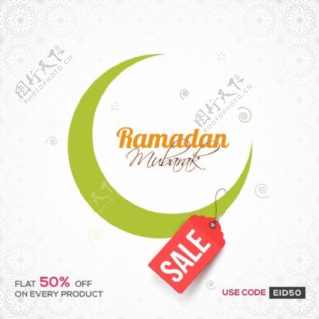 RamadanMubarak在花艺设计装饰背景绿色的月牙可作为销售海报横幅传单伊斯兰节日