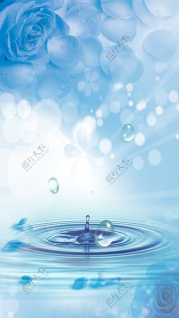 清新水滴蓝色花朵H5背景素材