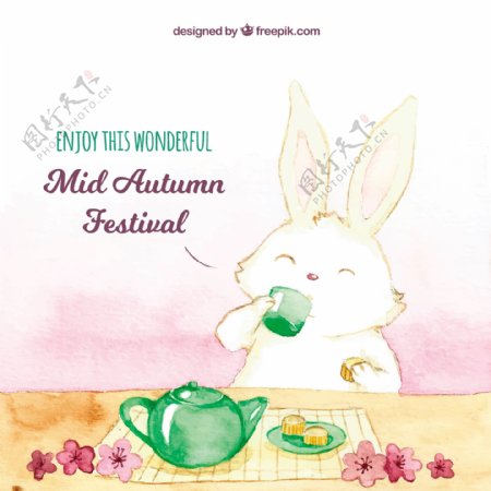 一只兔子喝茶中秋节