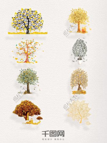 一组手绘摇钱树装饰图