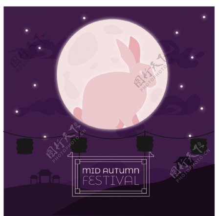 紫色玉兔圆月中秋元素