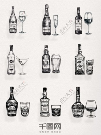 手绘酒杯与酒元素图案
