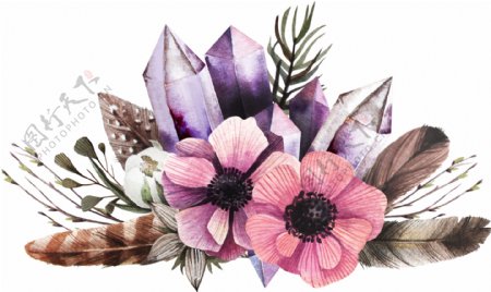 手绘两朵小花搭配羽毛紫水晶透明装饰图案