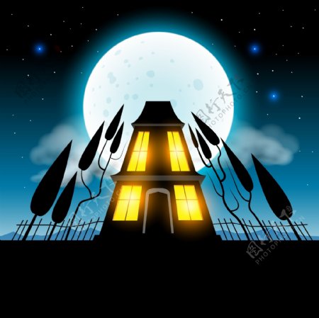 卡通夜晚月光城堡背景