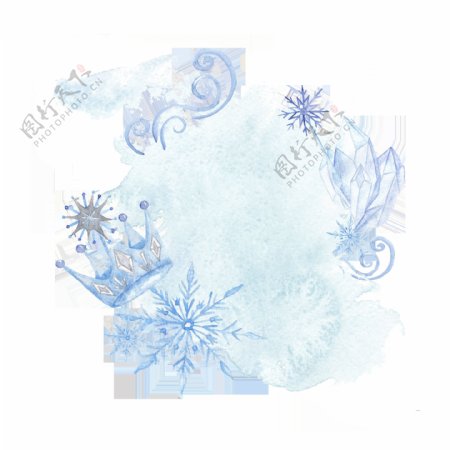 蓝色手绘皇冠雪花卡通雪透明素材