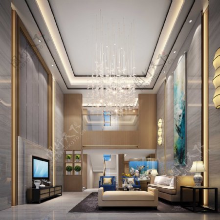 现代时尚客厅白色多层吊灯室内装修效果图