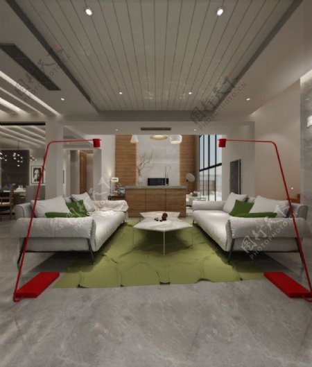 现代时尚客厅绿色地毯室内装修效果图