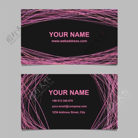 名片模板设计矢量公司插图与粉红色曲线在黑色背景