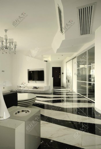 现代客厅时尚风格黑白纹地板室内装修图