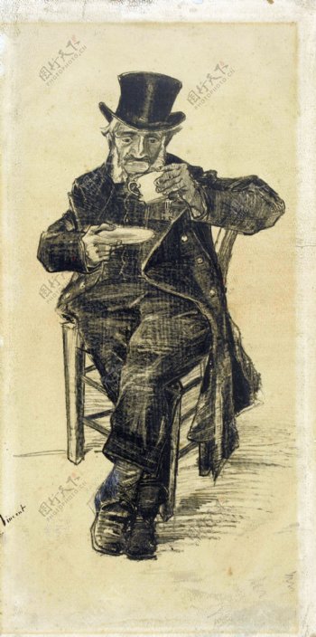 椅子上喝茶的男人装饰画