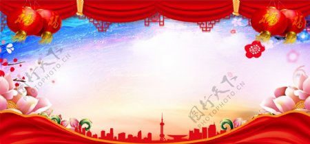 中国风红色花朵banner背景素材