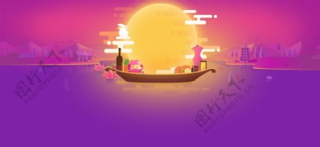 月亮紫色湖水中秋节banner背景素材