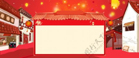 红色中国风建筑春节banner背景素材
