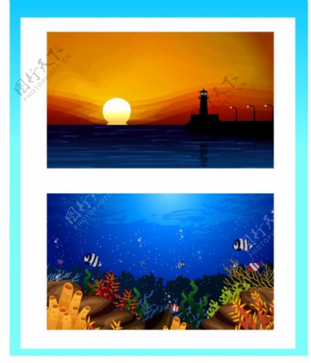 海底世界与夕阳下的海景