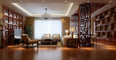 中式高级客厅木地板室内装修效果图