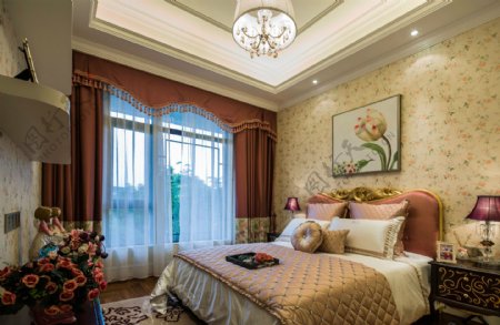 现代时尚红褐色窗帘卧室室内装修效果图