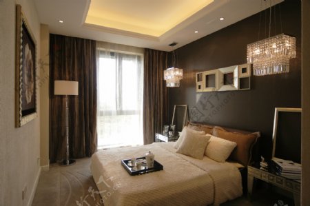 现代时尚卧室褐色绒质地板室内装修效果图