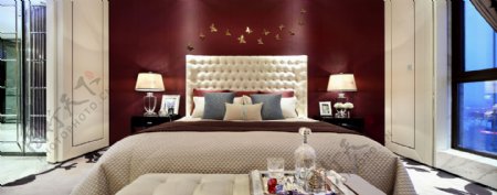 浪漫温馨卧室酒红色背景墙室内装修效果图