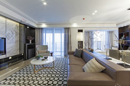 现代时尚浅褐色皮质沙发客厅室内装修效果图