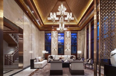 新中式时尚大户型客厅白色水晶灯室内装修图