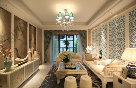 小户型中式优雅时尚客厅壁纸装修效果图