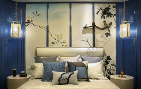 现代时尚卧室竹子图案背景墙室内装修效果图