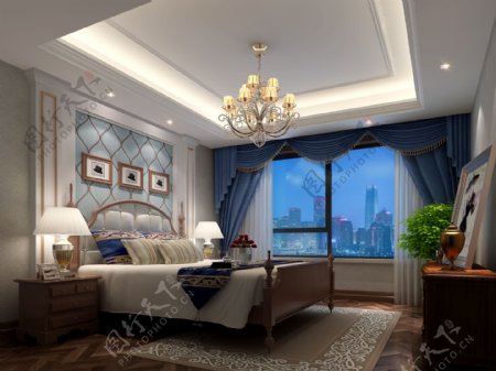 美式清新卧室蓝色窗户室内装修效果图