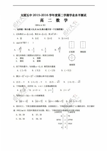 数学会考专区山西省太原市第五中学下学期会考模拟试题无答案