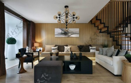 现代时尚大户型客厅木制楼梯室内装修效果图