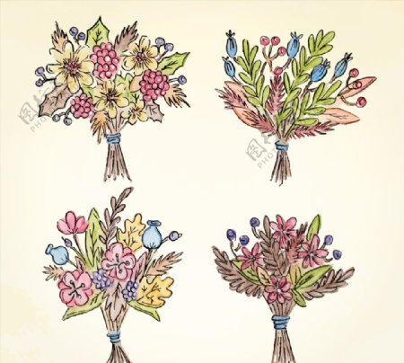 4款彩绘美丽花束矢量素材