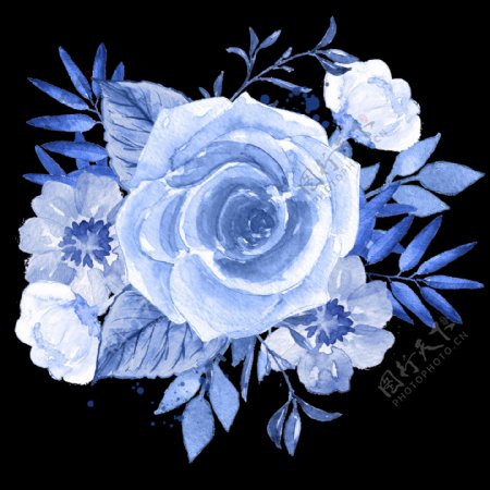 手绘冷艳水蓝色花朵png透明素材