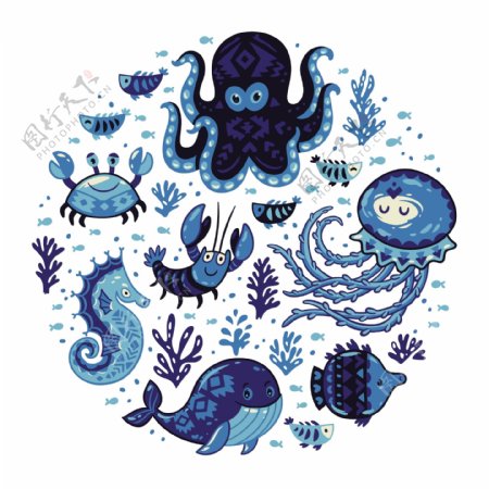 蓝色卡通海洋动物