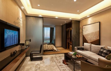 现代简约客厅褐色花纹地板室内装修效果图