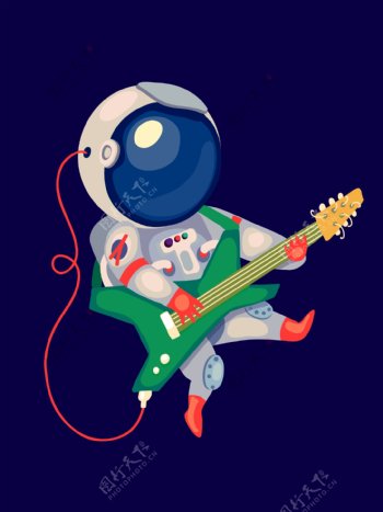 太空服弹吉他蓝色手绘插画AI文件