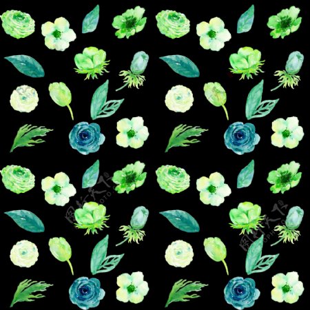 手绘绿色花朵与叶子png透明素材