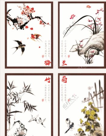 中国风梅兰竹菊四联装饰画