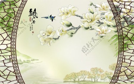 中式镂空飘香玉兰花背景